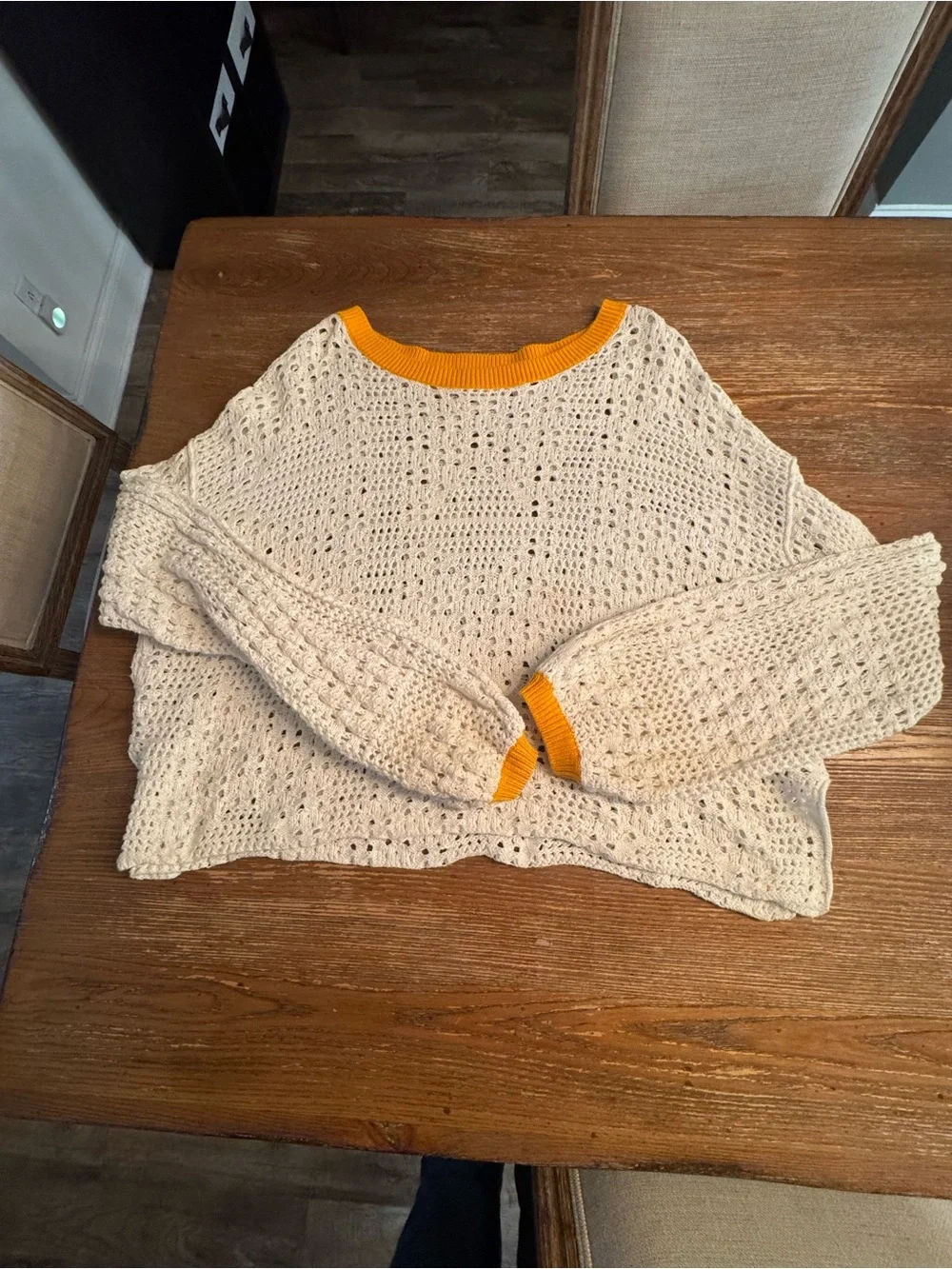 Free People White Open-Knit Sweater with Gold  Trim